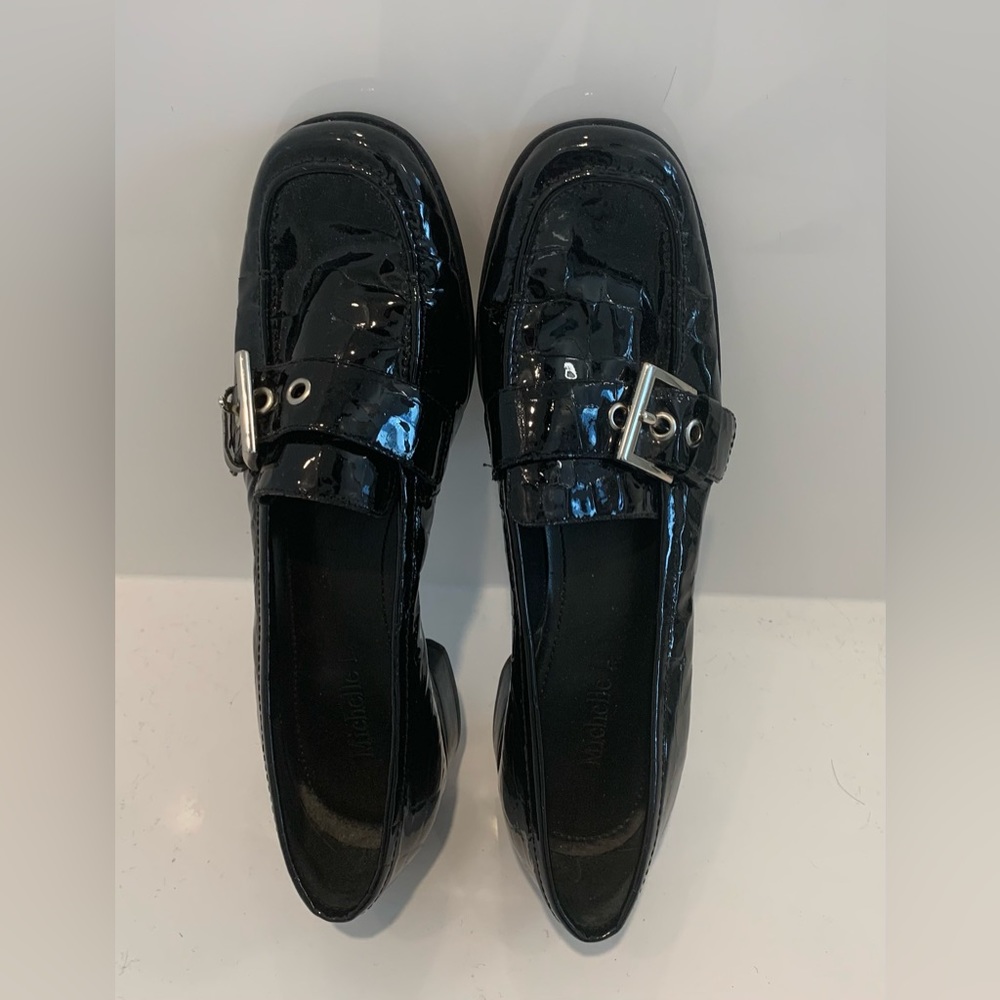 Black Alligator-Embossed Patent Leather Loafer with Silver Buckle